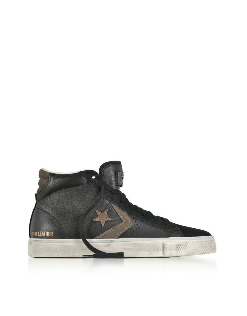 Converse Limited Edition Shoes, Pro Leather Vulc Mid Distressed Black Leather Sneakers