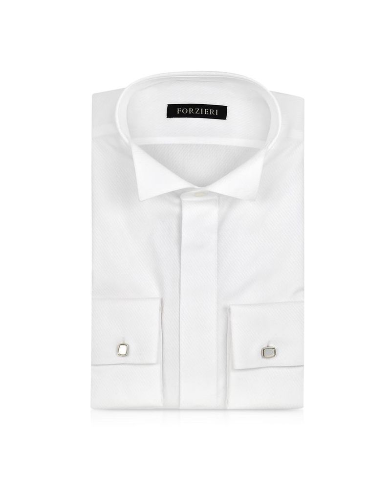 Forzieri Dress Shirts, White Textured Cotton French Cuff Tuxedo Shirt