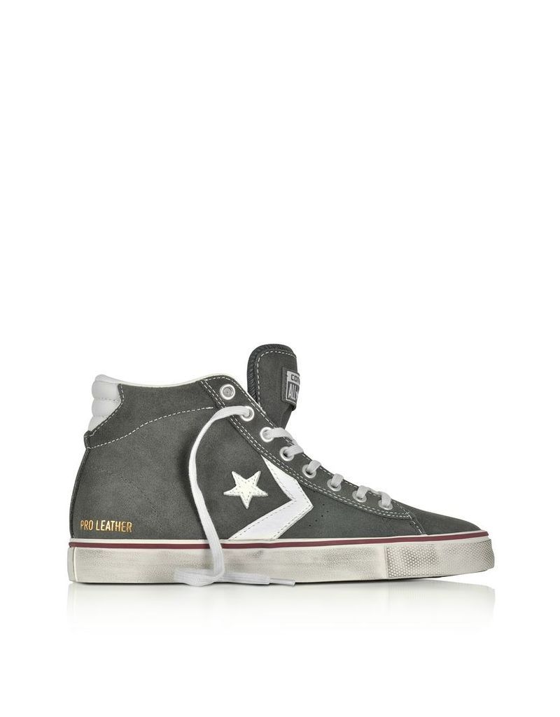 Converse Limited Edition Shoes, Pro Leather Vulc Mid Distressed Gray Suede Sneakers