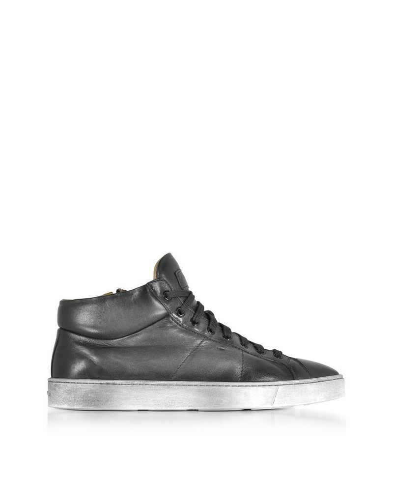 Santoni Shoes, Dark Gray Washed Leather High Top Men's Sneakers
