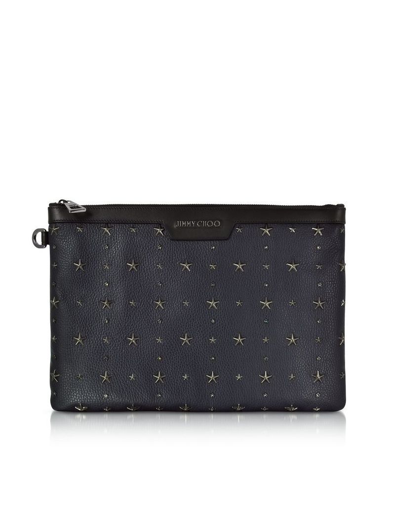 Jimmy Choo Men's Bags, Derek Navy Blue and Slate Grainy Leather Clutch w/Crystals Star