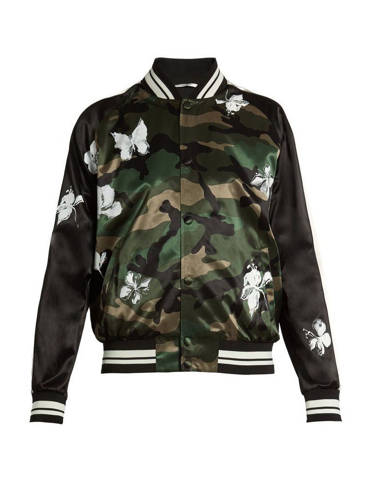 Camouflage-print satin bomber jacket