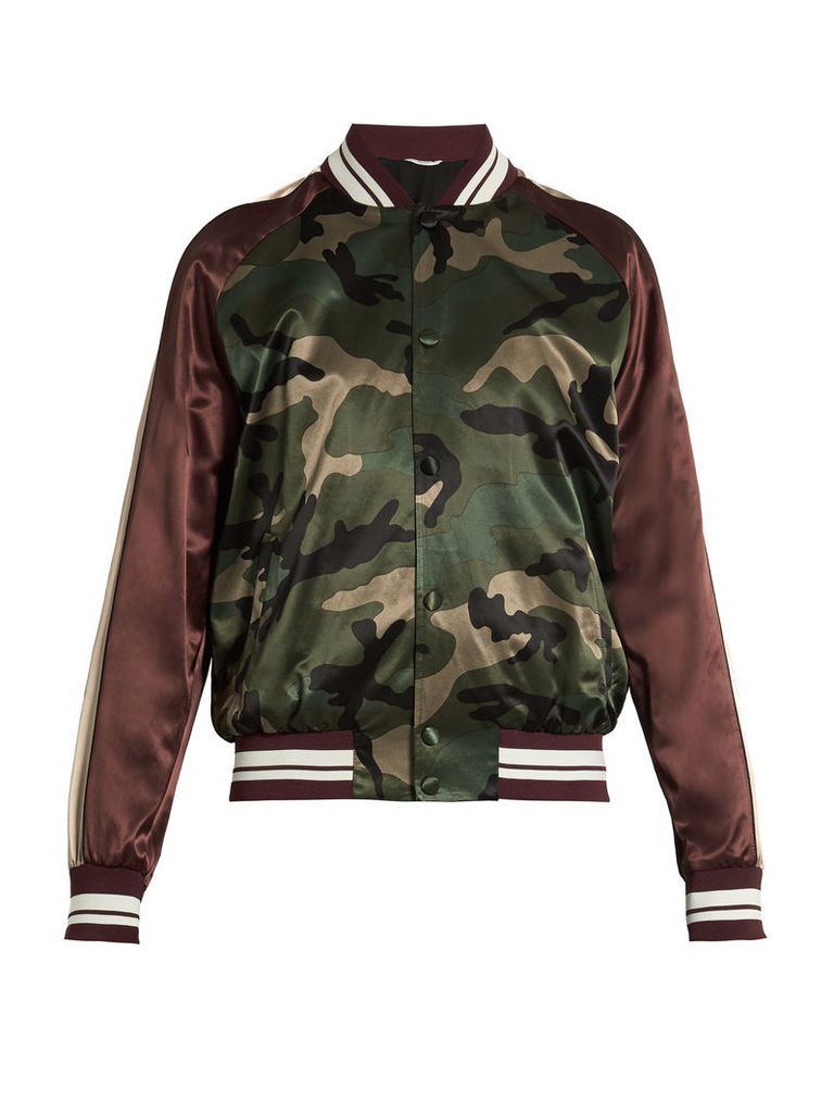 Camouflage-print satin bomber jacket