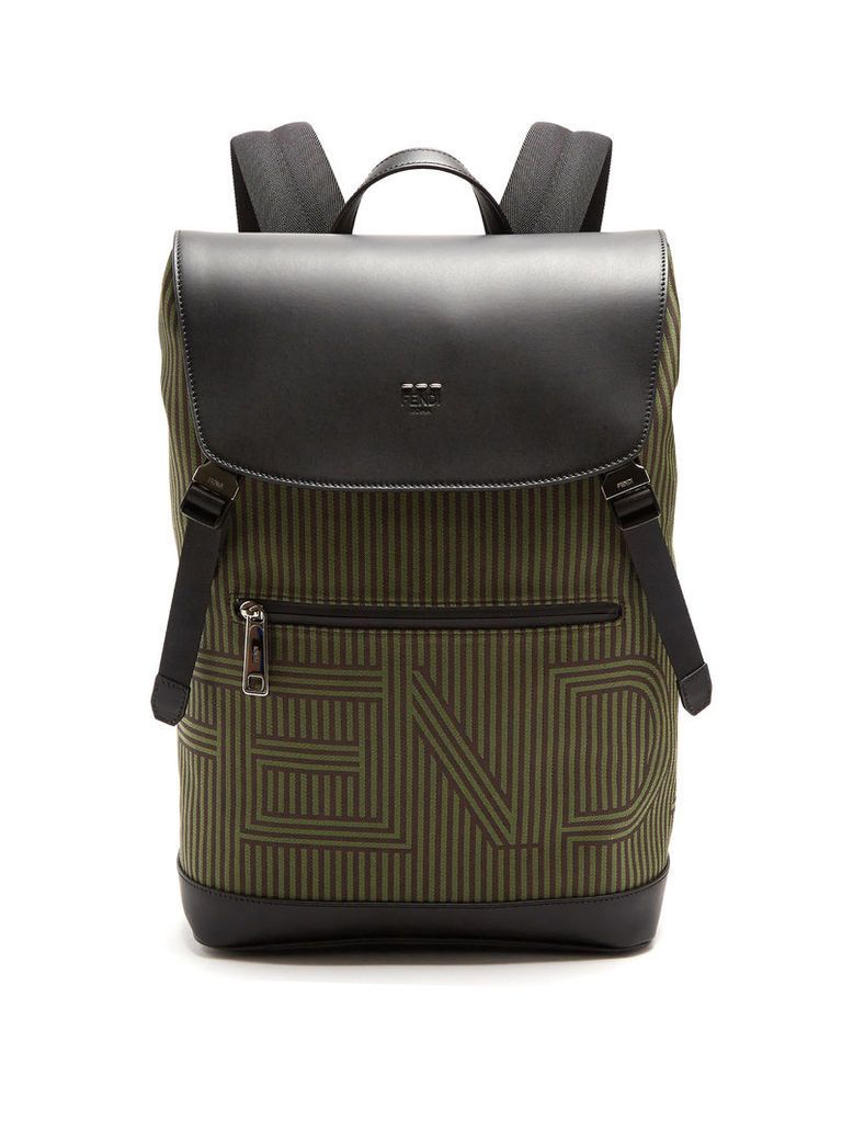 Optical-striped canvas and leather backpack