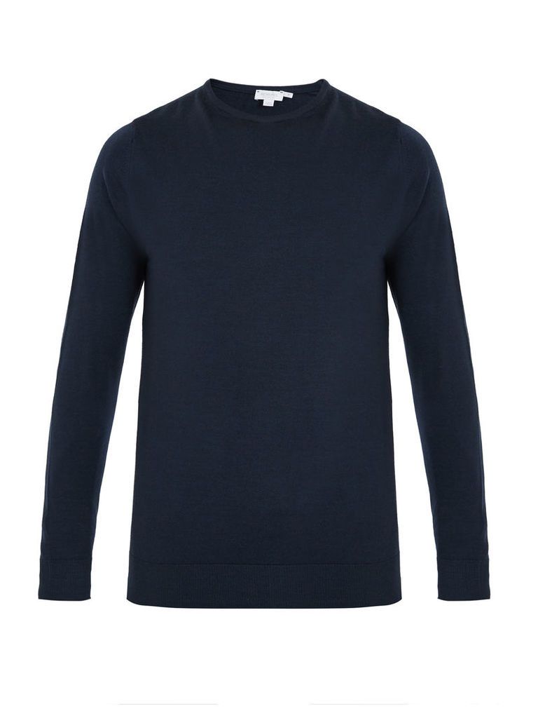 Crew-neck fine-knit wool sweater