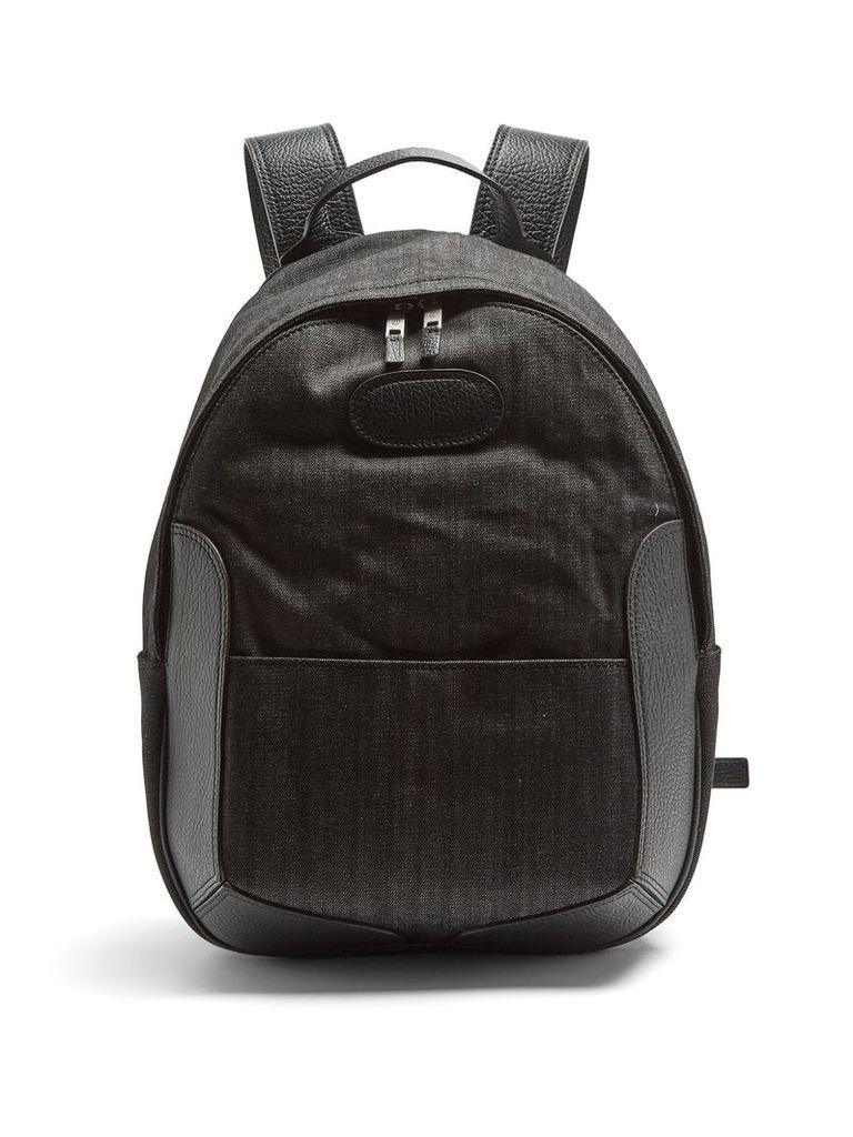 Leather-trimmed denim backpack
