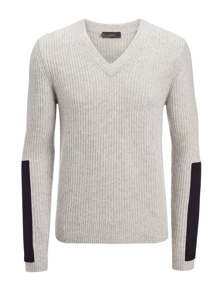 Military Cashmere V Neck Sweater in Grey Chine