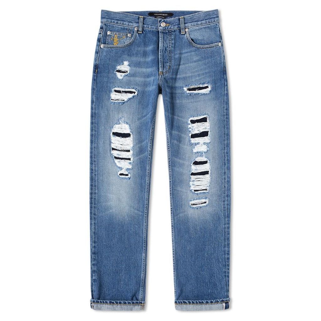 Alexander McQueen Distressed Slim Fit Jeans Blue Washed
