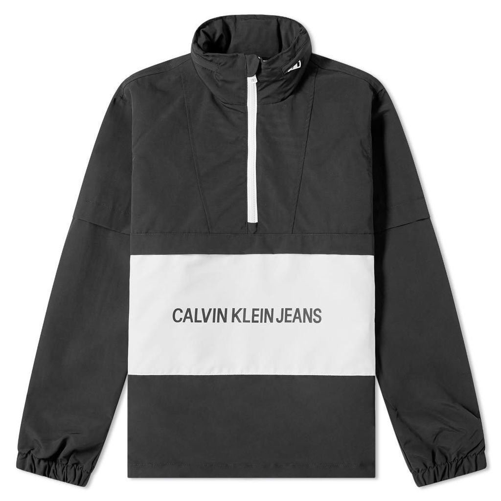 Calvin Klein Institutional Logo Nylon Popover Packaway Hood Sweat CK Black & White
