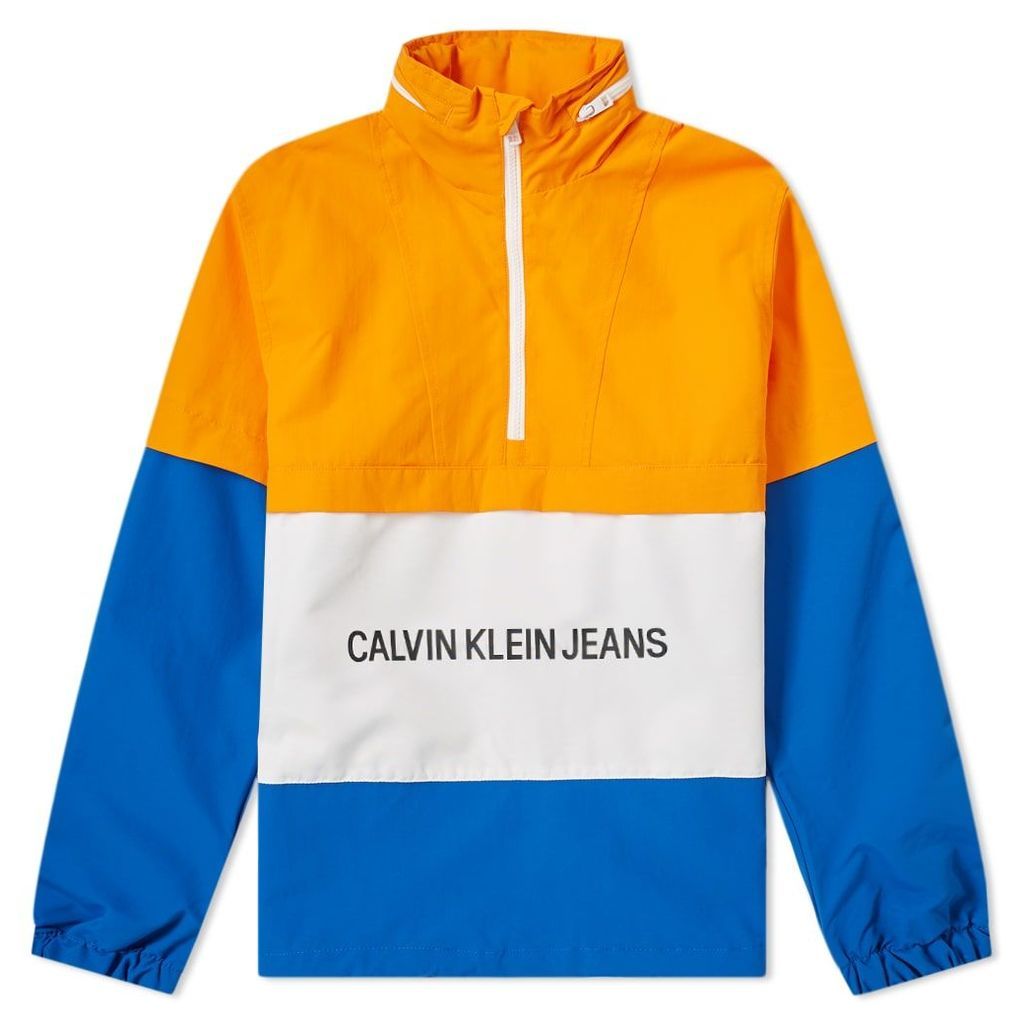 Calvin Klein Institutional Logo Nylon Popover Packaway Hood Sweat Orange, White & Nautical Blue