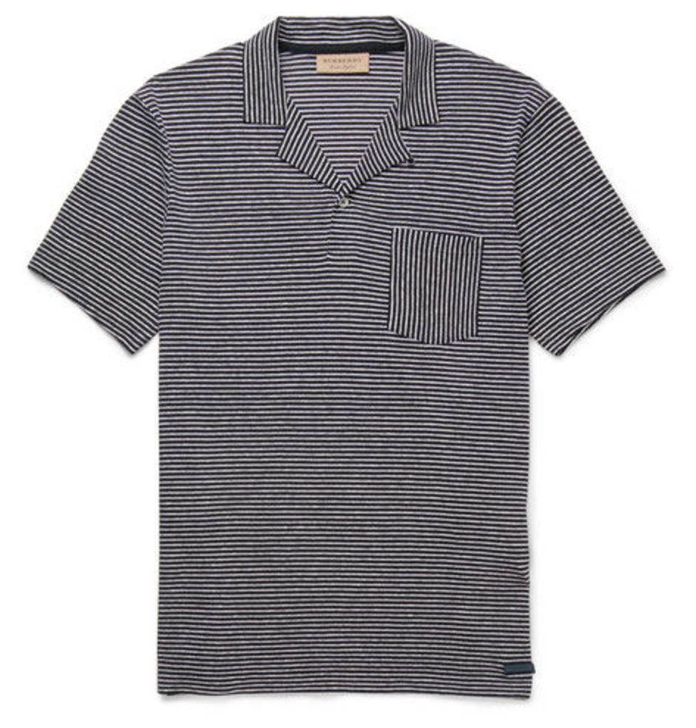 Burberry - Striped Cotton And Linen-blend Polo Shirt - Navy