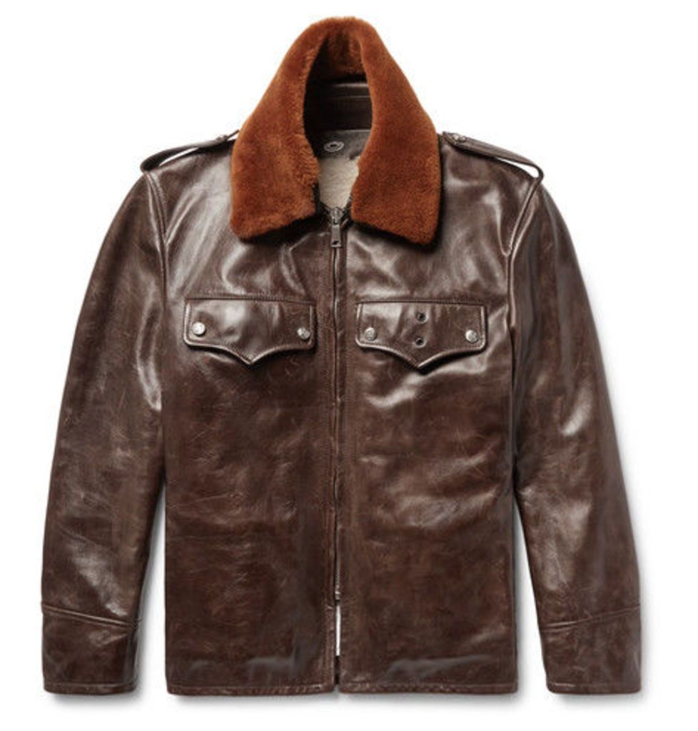 CALVIN KLEIN 205W39NYC - Shearling-trimmed Distressed Leather Jacket - Dark brown