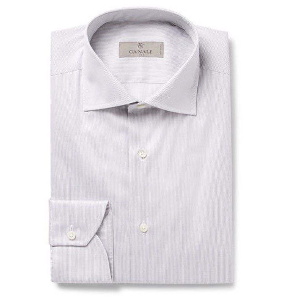 Grey Cutaway-collar Striped Cotton Shirt