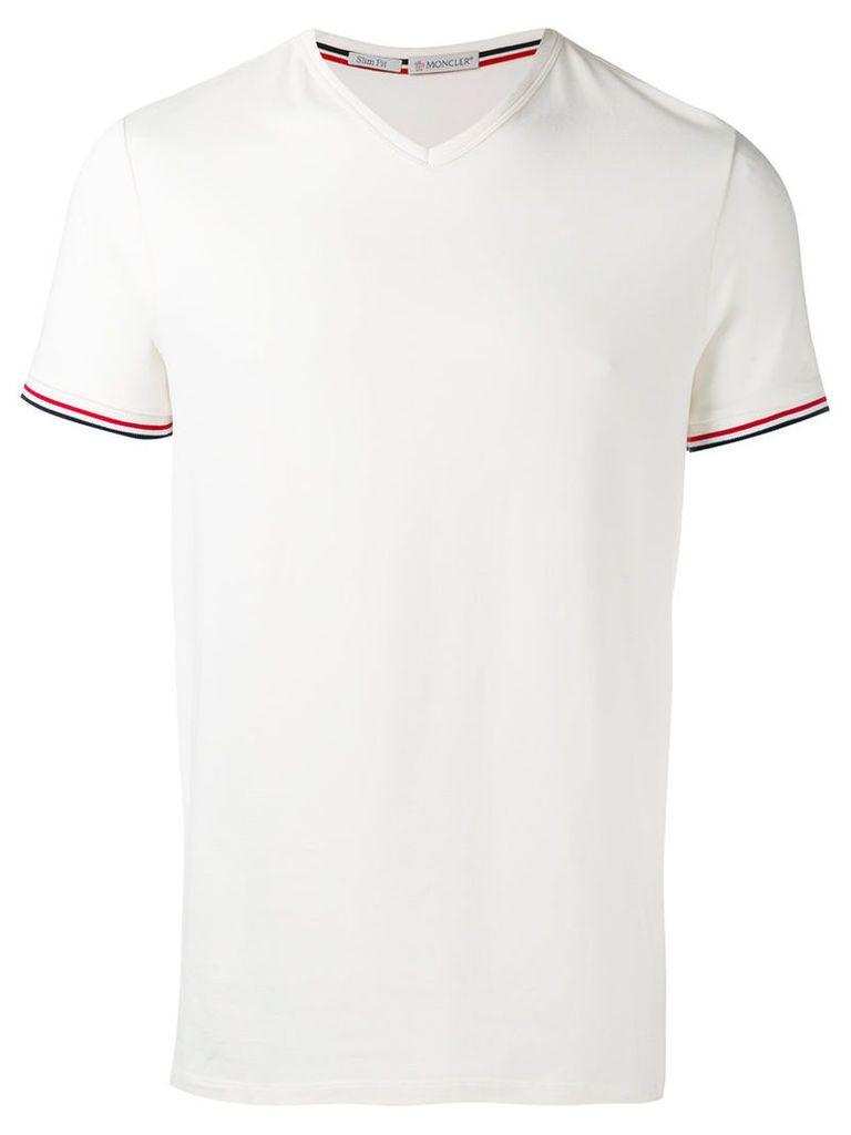 Moncler striped trim V-neck T-shirt, Men's, Size: XXXL, White