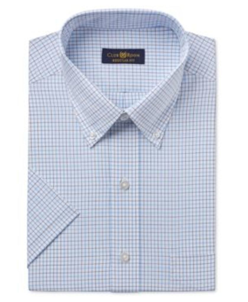 Club Room Men's Classic-Fit Easy Care Light Blue Double Tattersall Short-Sleeve Dress Shirt, Created for Macy's