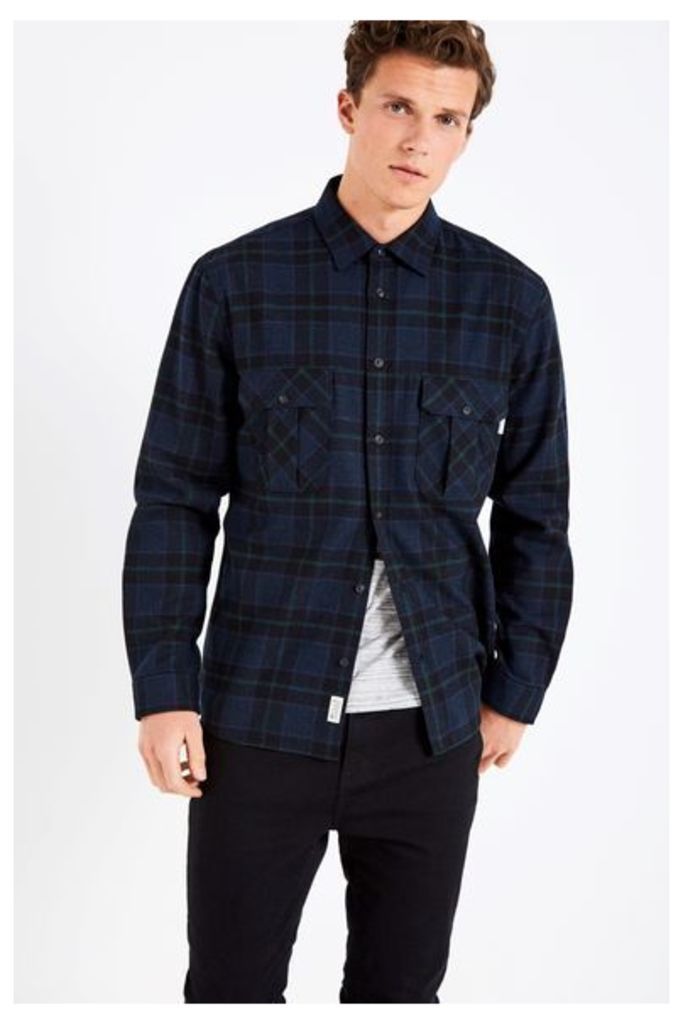 DUNDRY WOOL RICH FLANNEL CHECK SHIRT NAVY