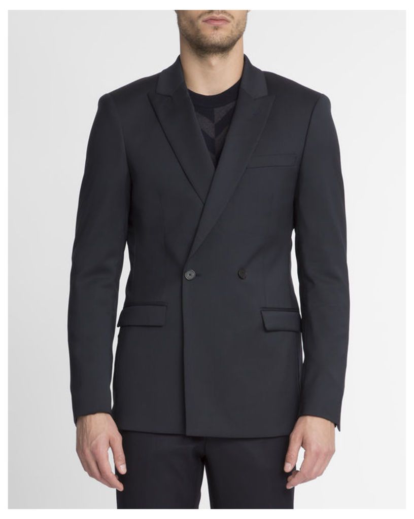 Navy Blue Double Breasted Slim-Fit Wool Jacket