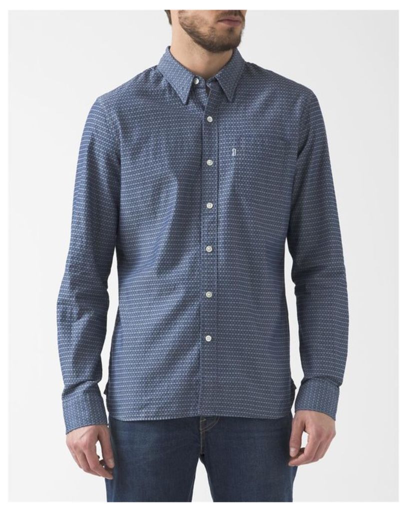 Blue Textured Pattern Button-Down Collar Chambray Shirt With Pocket