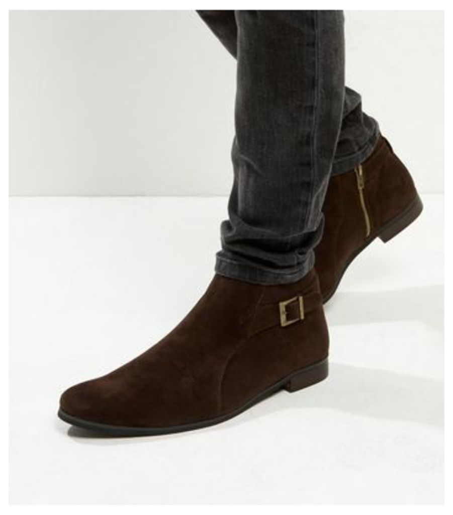 Brown Suedette Buckle Side Chelsea Boots