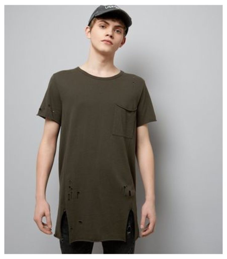 Dark Green Distressed Pocket Front Longline T-Shirt