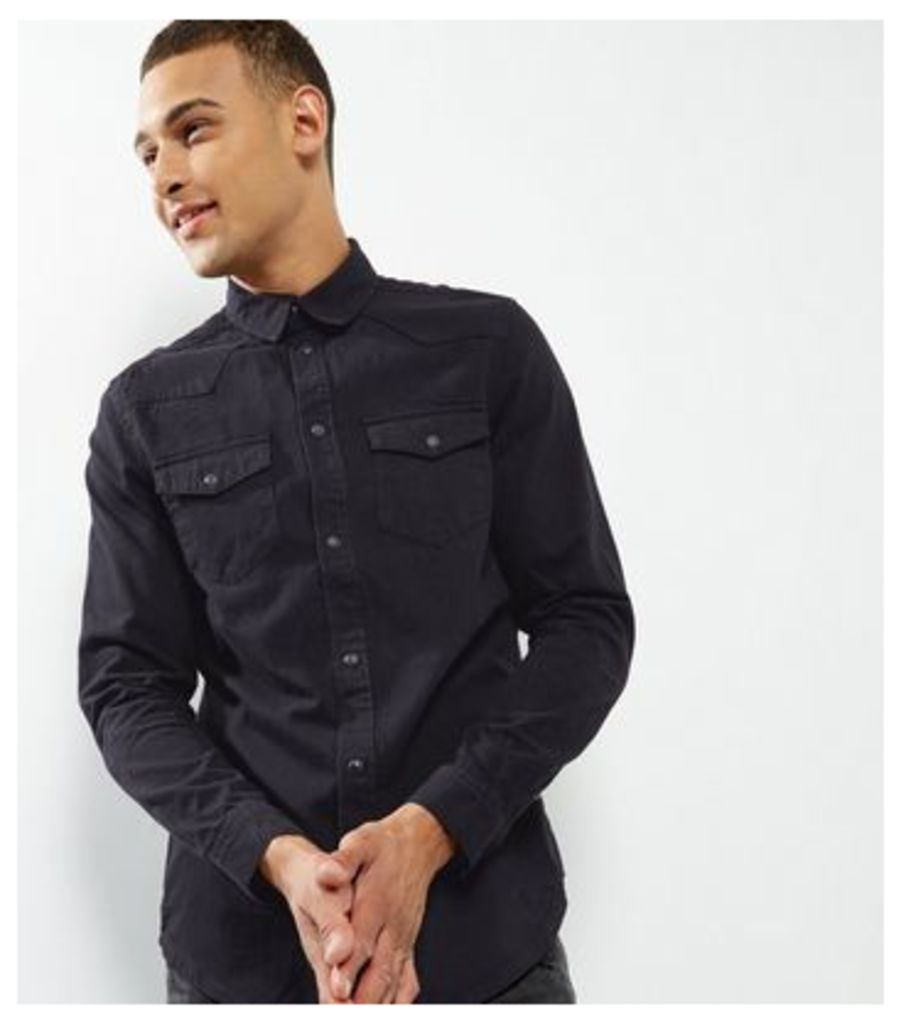 Black Double Pocket Long Sleeve Denim Shirt