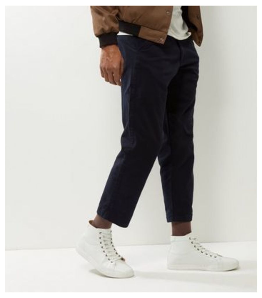 Navy Wide Leg Cropped Trousers