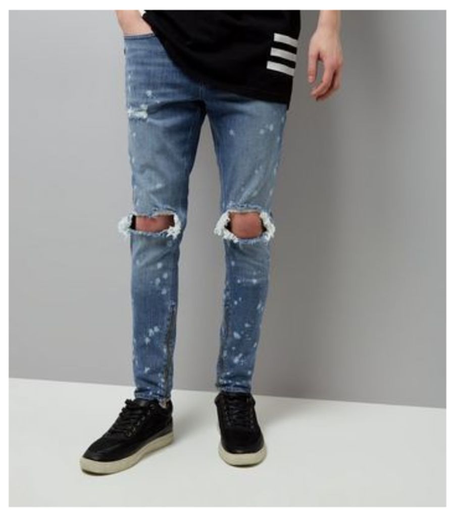 Blue Bleached Spray Ripped Knee Super Skinny Jeans New Look