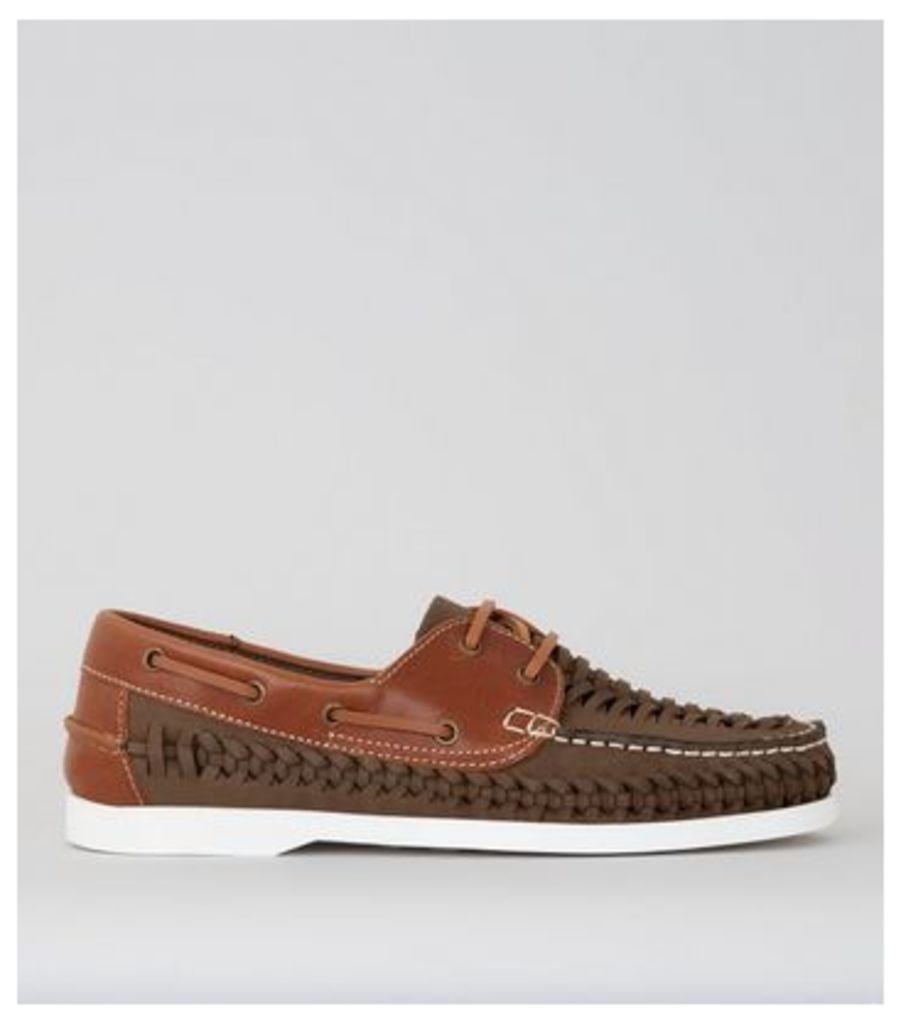 Brown Leather Woven Boat Shoes