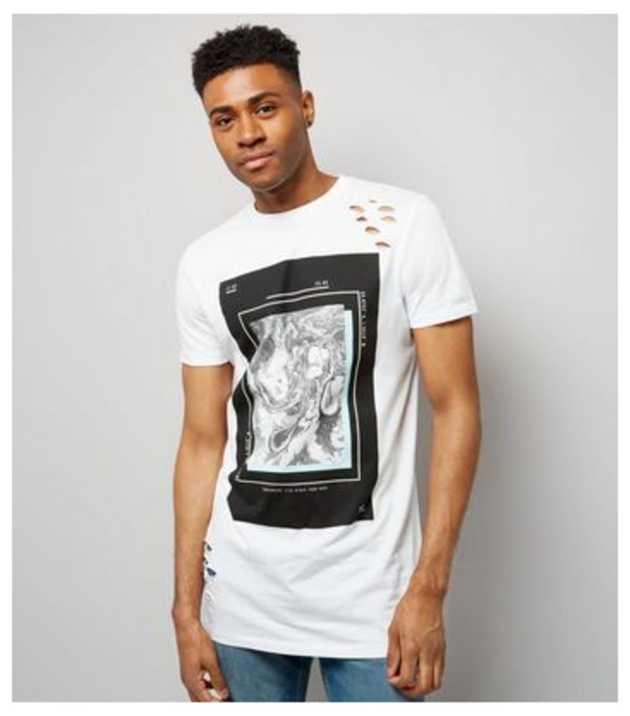 White Ripped Marble Print Longline T-Shirt New Look