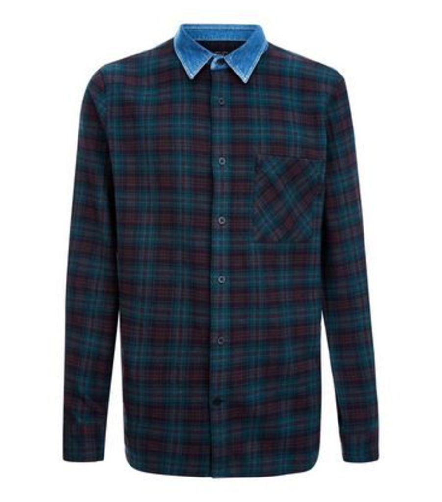 Green Check Shirt With Denim Collar New Look