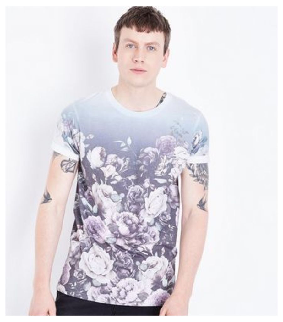 White Ombre Floral Print T-Shirt New Look