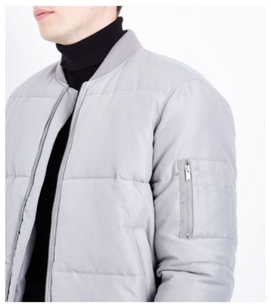 Pale Grey Puffer Bomber Jacket New Look
