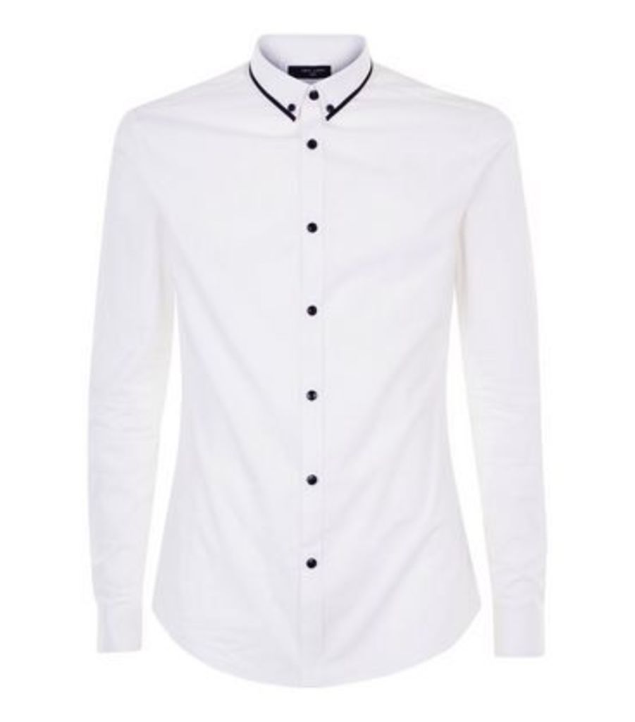 White Double Collar Trim Muscle Fit Shirt New Look