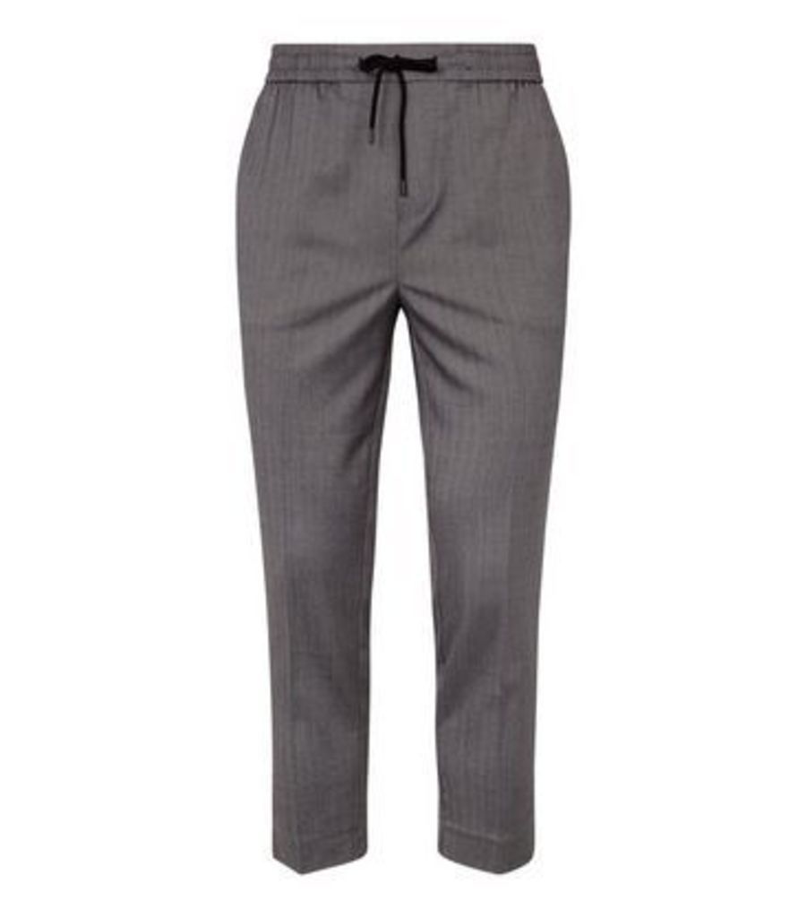 Men's Grey Herringbone Elasticated Drawstring Trousers New Look