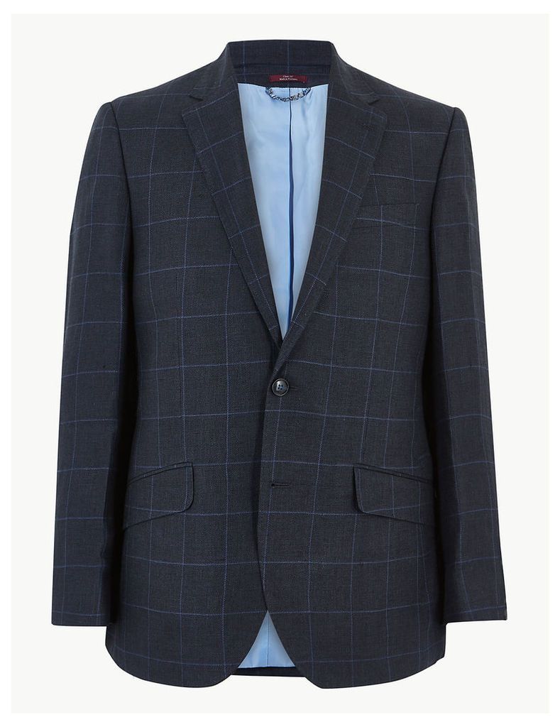M&S Collection Luxury Navy Pure Linen Checked Regular Fit Jacket