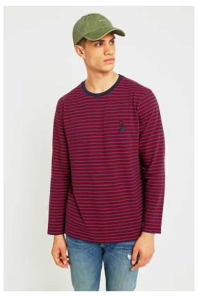 UO Navy and Red Striped Rose Embroidery Long-Sleeve T-shirt, Red