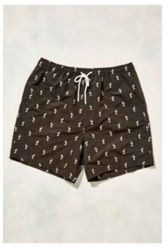 UO Swim Flamingo Embroidery Black Swim Shorts, Black
