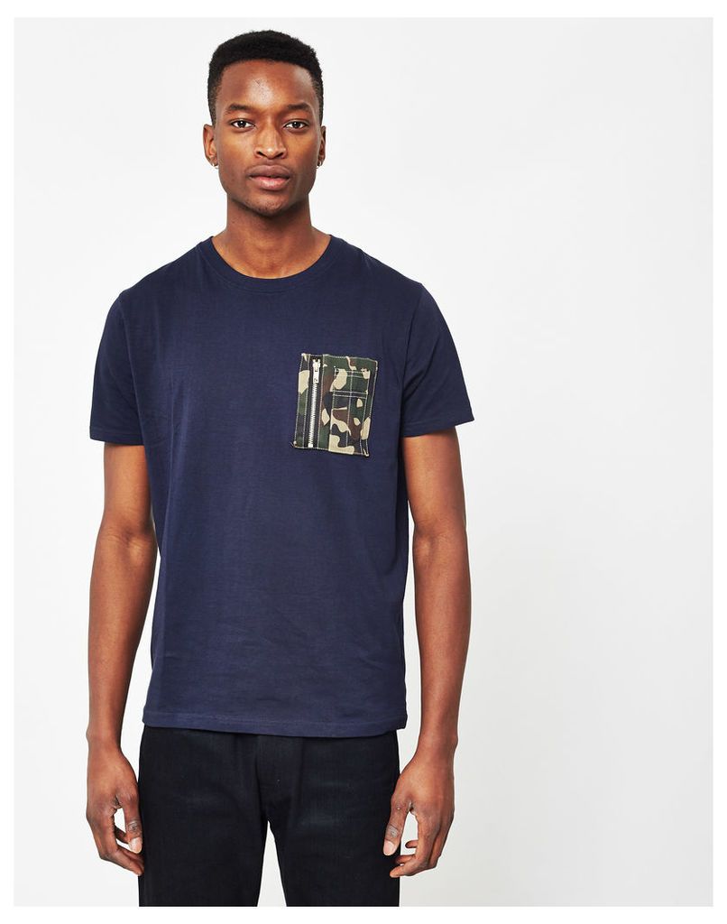 The Idle Man Crew Neck T-Shirt With Camo Pocket Navy