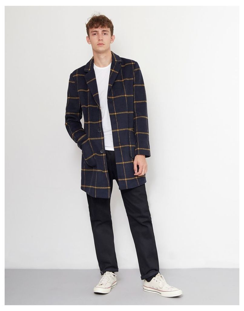 The Idle Man Check Overcoat Navy