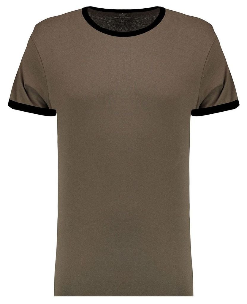 Men's Blue Inc Khaki With Black Basic Ringer Crew T-shirt, Khaki