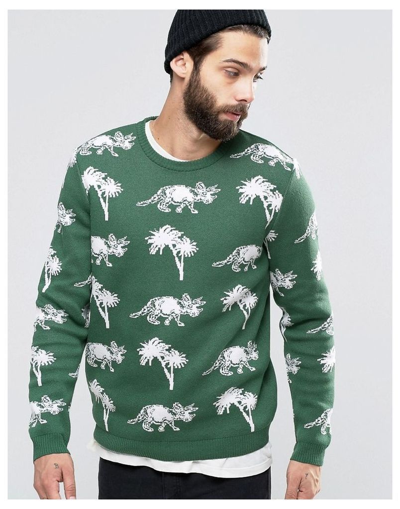 ASOS Jumper with Dinosaurs and Palm Trees - Green