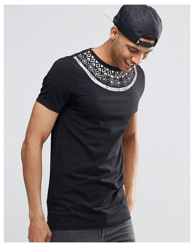 ASOS Muscle Longline T-Shirt With Aztec Neck Print - Black