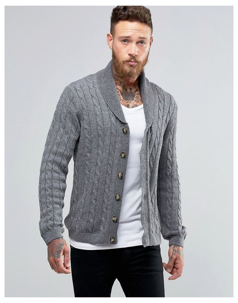 ASOS Shawl Neck Cable Cardigan in Wool Mix - Charcoal