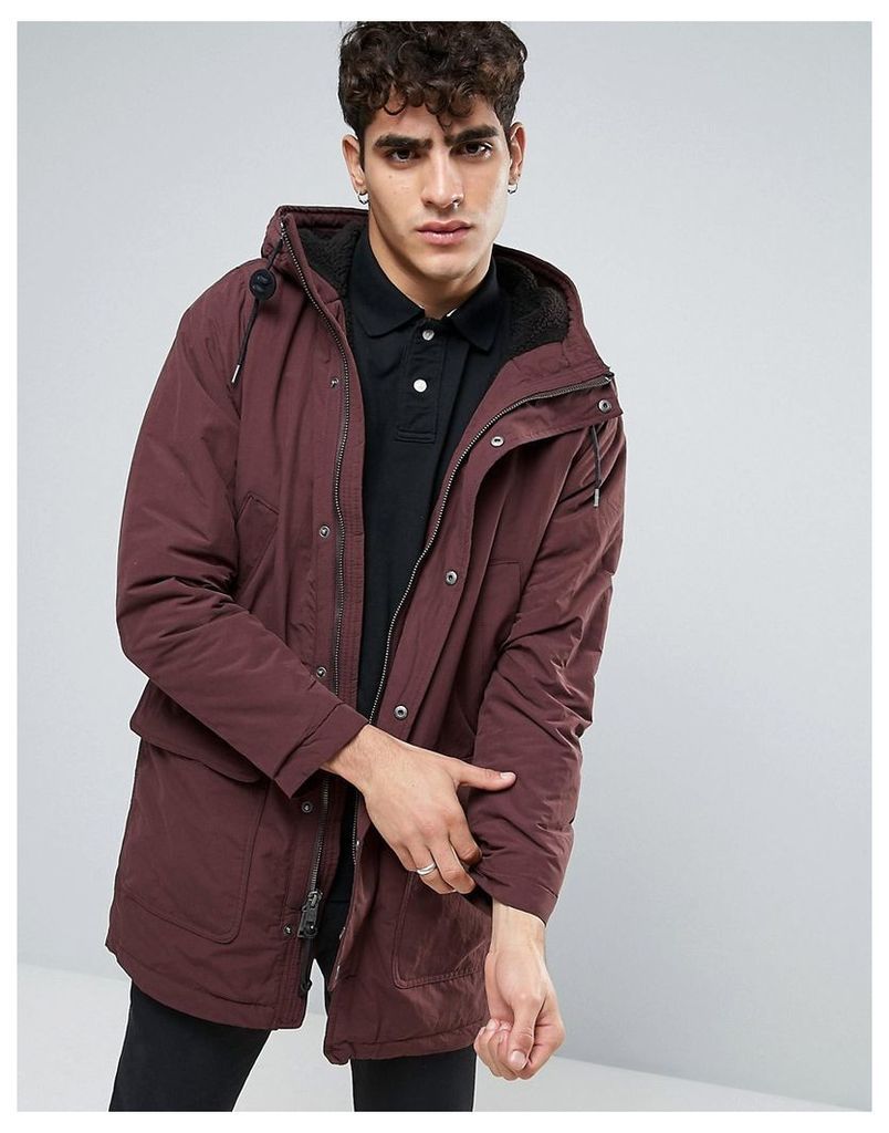 Abercrombie & Fitch Heavy Parka Borg Lined In Red - Fudge