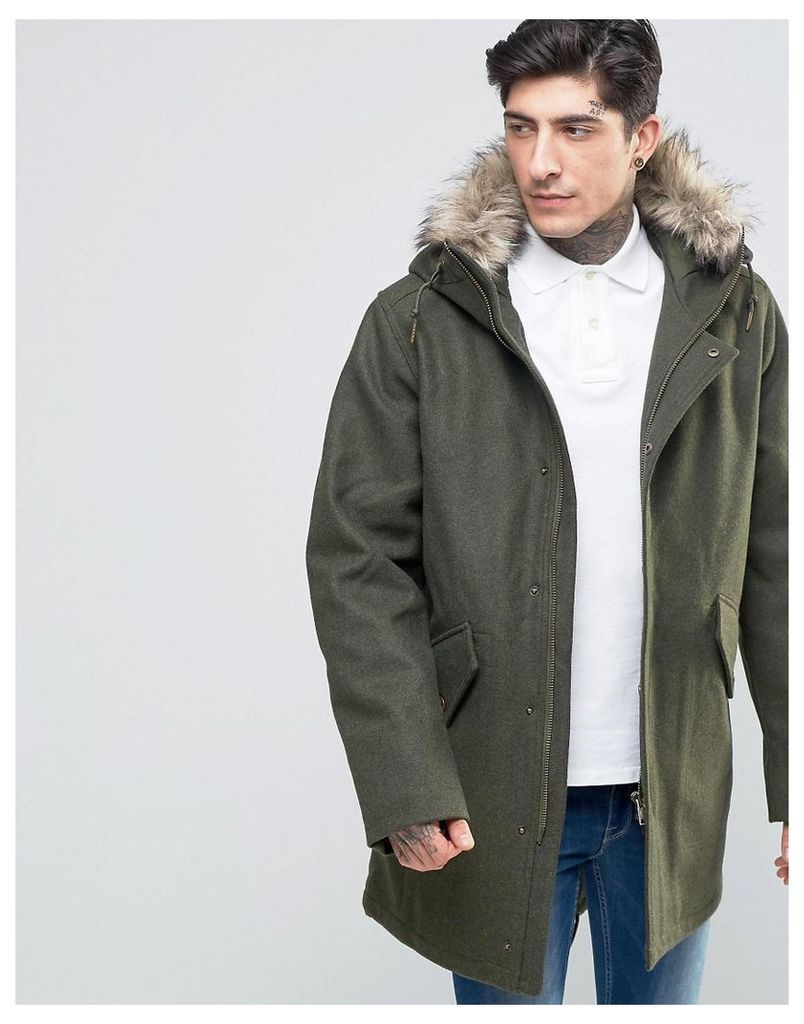 Fred Perry Parka In Wool With Faux Fur Trim In Thorn - Thorn
