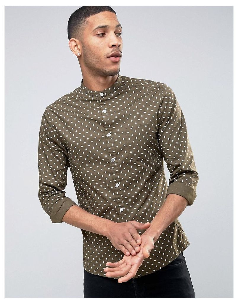 ASOS Skinny Shirt With Grandad Collar In Polka Dot - Khaki