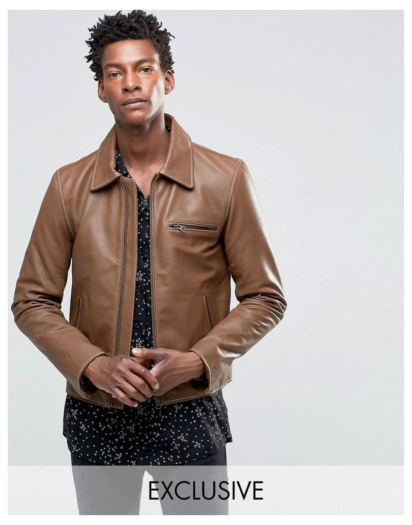 Black Dust Leather Jacket With Zip Detailing - Tan