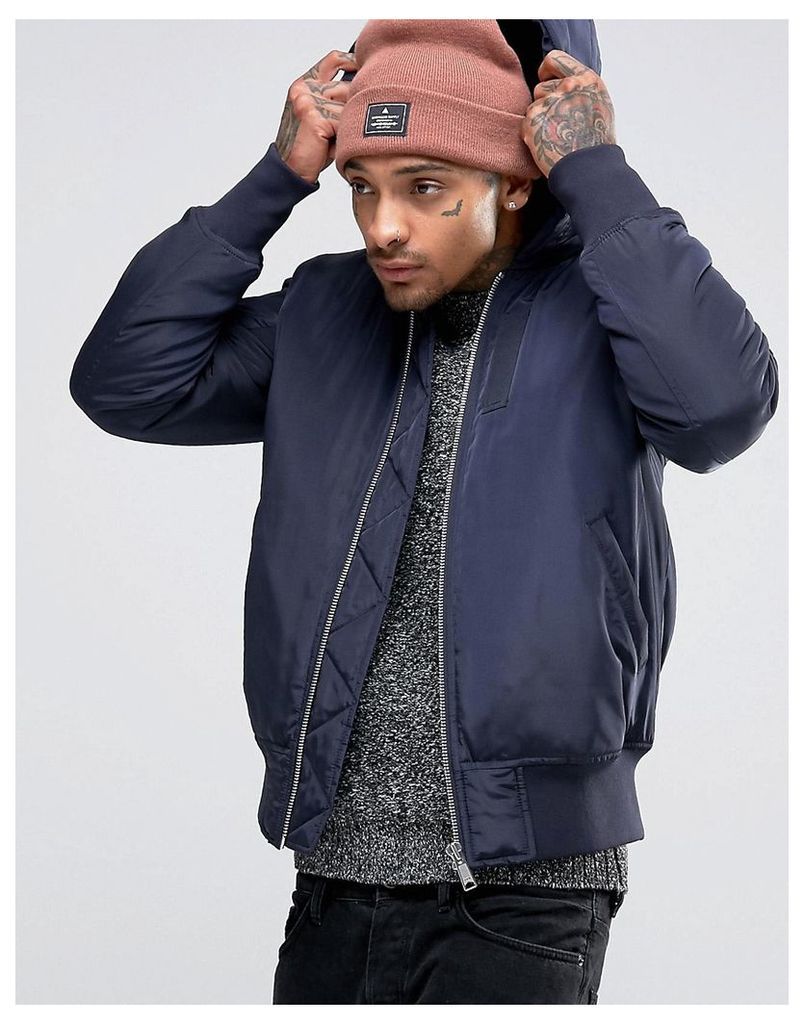 ASOS Hooded Bomber Jacket With MA1 Pocket In Navy - Navy