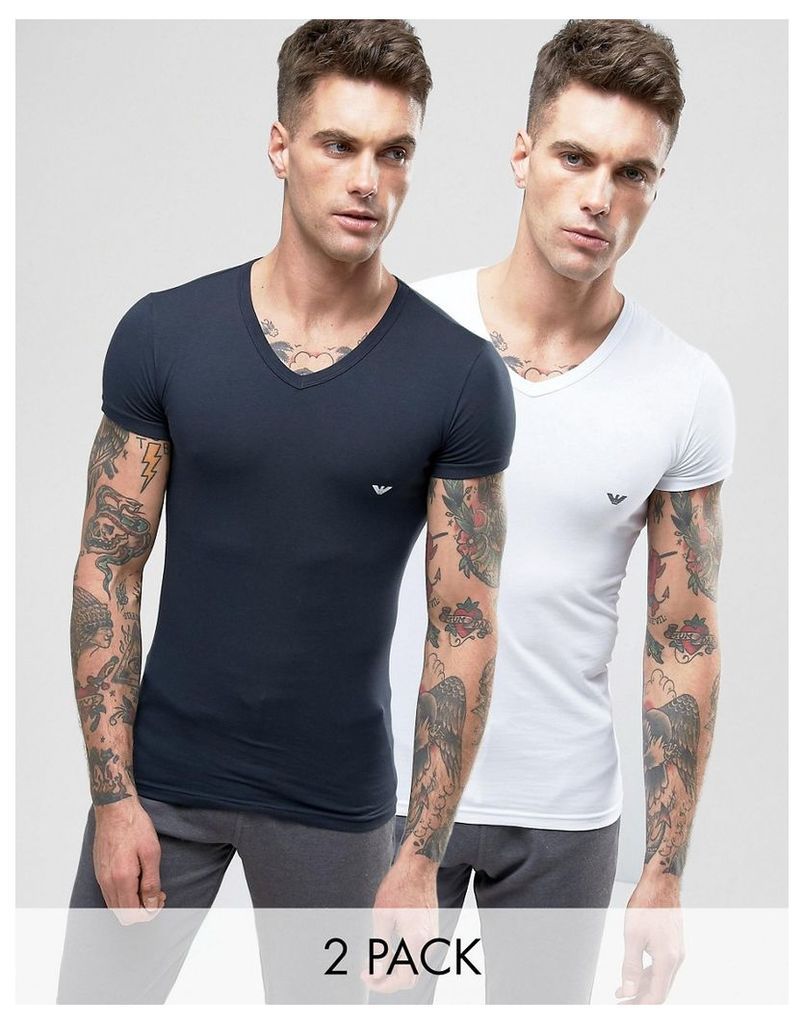Emporio Armani 2 Pack Stretch Cotton V-Neck T-Shirt In Extreme Muscle Fit - Multi