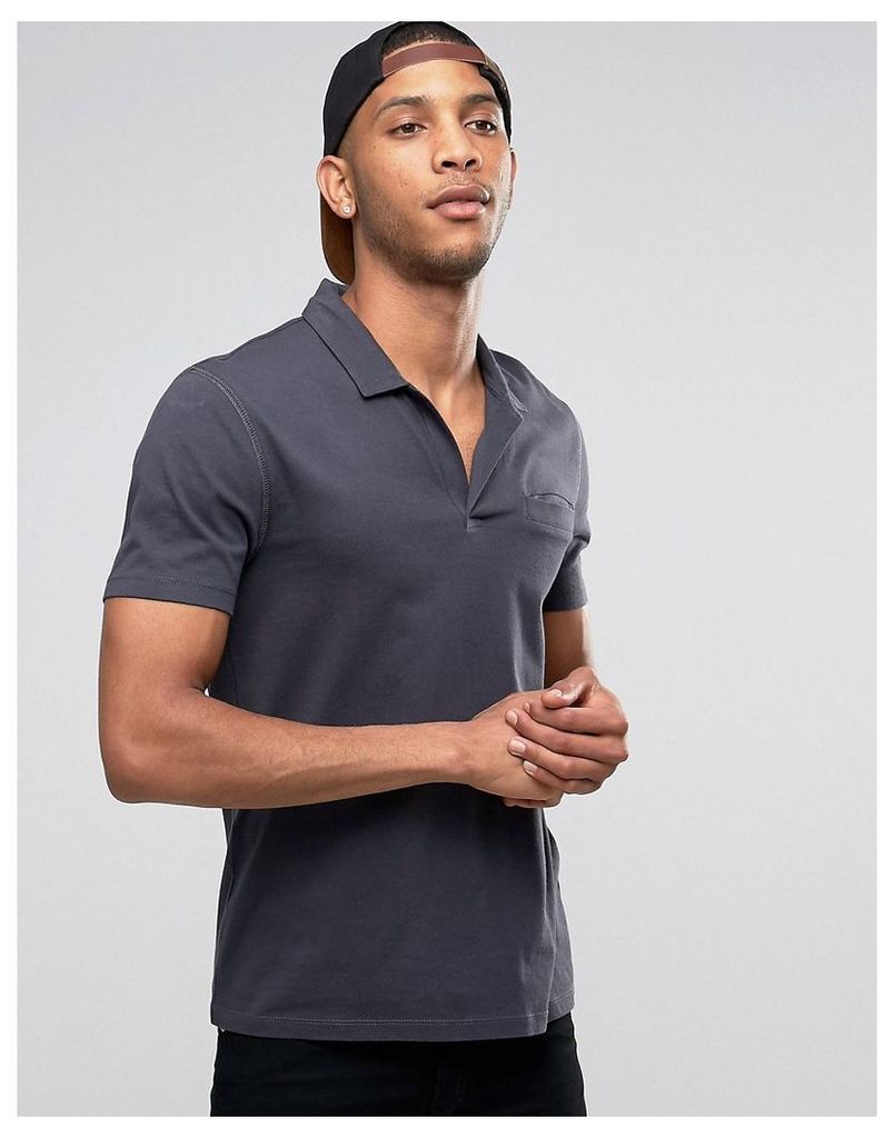 ASOS Polo With Open Collar and Pocket In Grey - Ebony